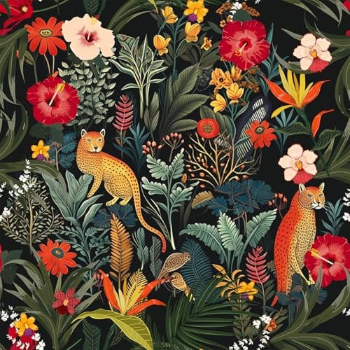 VEELIKE Papier Peint Jungle Tropical Foncé Papier Peint Foret Léopard Papier Peint Fleuri Noir 44,5 cm x 300 cm Papier Peint Adhesif Mural Botanique Papier Collant pour Meuble Chambre Salle de Bain