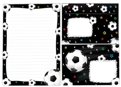 JuNa-Experten Briefpapier-Set Fußball für Jungen – Liniertes A5 Briefblock mit 25 Blättern + 15 Umschläge, Cooles Fußball-Design in Schwarz für kreative Schreibprojekte und Einladungen