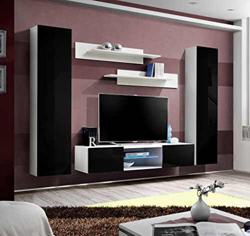All4All Wohnwand Frent - Schrankwand Hängend - Anbauwand - Wohnzimmerschrank - Wohnzimmer - Wandschrank - Modern - Weiß Matt/Schwarz Hochglanz 21