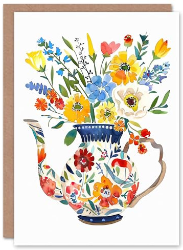 Artery8 Greeting Card Colourful Flower Bouquet in Floral Teapot Vase For Her Woman Birthday Card