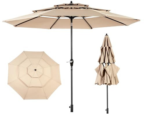 Villeston 3M Sonnenschirm Balkon 3-Schicht Marktschirm mit 8 stabilen Rippen, Kurbel- & Neigungsmechanismus, wasserdichtem UV-beständigem Stoff,für Garten und Outdoor (Schirmständer nicht enthalten)