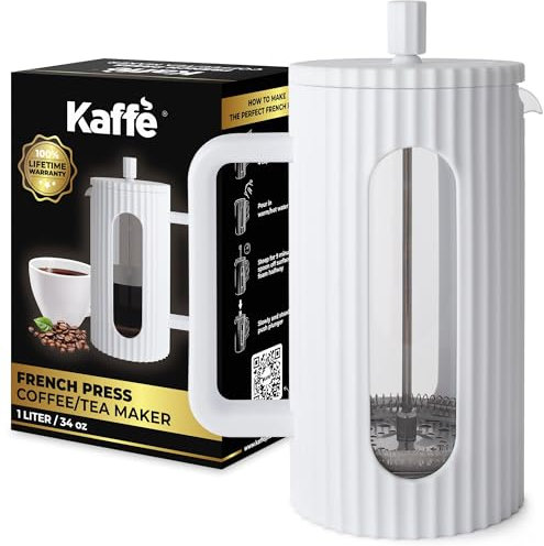 Kaffe French Press Coffee Maker (34oz / 1L) - Borosilicate Glass and BPA-Free Plastic Coffee Press - White - Lightweight Travel & Camping Coffee Maker