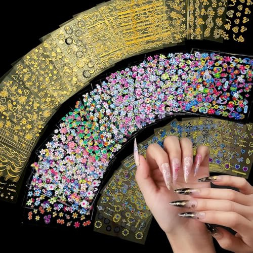 3D Nagelsticker 90 Blatt Nagelsticker Selbstklebend Blumen Blumenherzform Nageldesign-goldene Blumen-Nagelaufkleber für Nageldesign,für DIY Dekorationen,Maniküre (90-B)