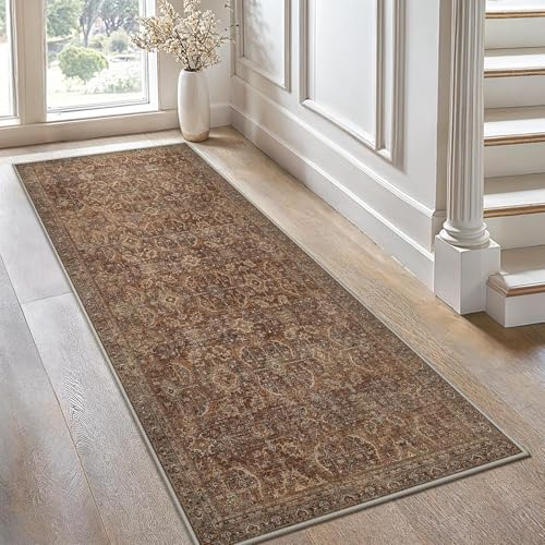 GENIMO Vintage Läufer Flur Teppich 80x300 cm Waschbar Klassisches Rotbraun | Boho Orientteppich, Rutschfest Kurzflor Weich Carpet, Teppiche läufer für Küche, Treppe, Balkon, Wohnzimmer