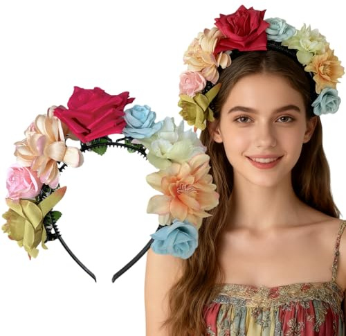 Serre-tête à fleurs, pour Dirndl, pour carnaval, fête, accessoire de costume (rouge rose)
