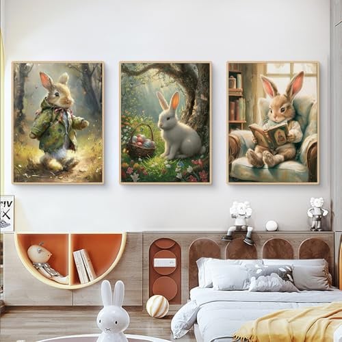 3er Set Bilder Osterhasen Poster Set - Vintage Frühling Ostern Kaninchen Eiern Leinwand Bilder Poster & Kunstdrucke, Wandbilder als Deko für Wohnzimmer & Schlafzimmer, Ohne Rahmen (21x30cm,ABC)