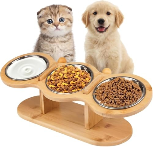 Surélevée Bol Chat Gamelle Chat avec 3 Bols en Acier Inoxydable Hauteur Réglable Support Gamelle Chat pour Eau et Nourriture, Petits Chiens Chats,