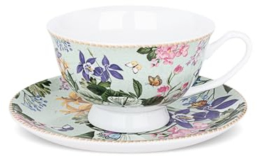 fanquare Elegante Set Tazzina da Caffè e Piattino in Porcellana 180ml,Tazza da Caffè Vintage con Motivo Floreale e Farfalle Tazzine da Colazione Shabby Chic per Colazione Casa e Ufficio
