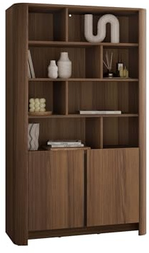 Mirjan24 Standregal Binuki RG103 mit 2 Türen und 8 offenen Fächern, Bücherregal mit viel Stauraum, griffloses Design, modernes Wohnzimmermöbel (Nuss Warmia + Schwarz)