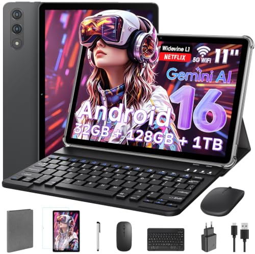 11 Zoll Tablet mit Tastatur｜Android 16 mit Gemini AI｜32GB RAM + 128GB ROM (1TB TF) 1920*1200 FHD 90Hz Display｜ Unisoc T7250 Octa-Core｜8MP+16MP Duale Kamera｜ Face ID｜ Widevine L1｜ 8000mAh｜GPS （Grau)