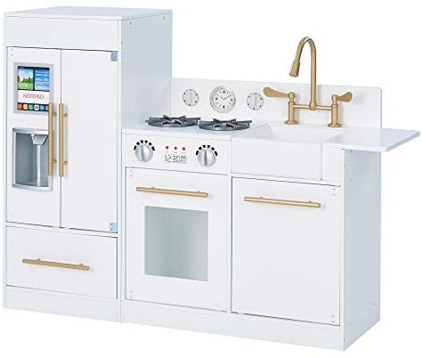 Teamson Kids Little Chef Charlotte Modern Modular Interactive Wooden Play Kitchen with Refrigerator, Stove and Sink in White with Gold Finishes