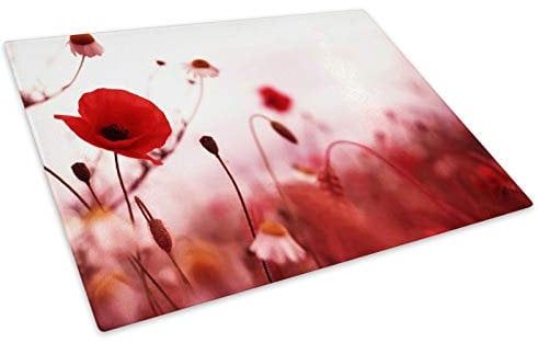 Red White Poppy Flower Cool Glass Chopping Board Kitchen Worktop Saver Protector