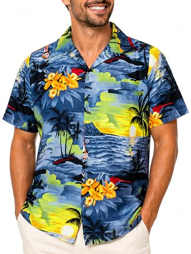 King Kameha Herren Hawaiihemd Kurzarm, Sommer Aloha Shirt mit Surfen-Print