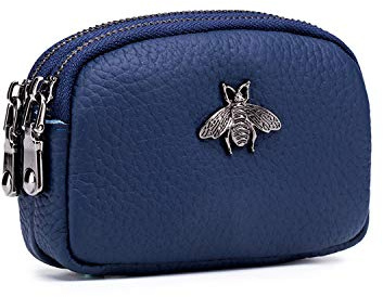 ZOONAI Genuine Leather Double Zipper Coin Purse Bee Change Pouch Credit Card Holder (Blue)