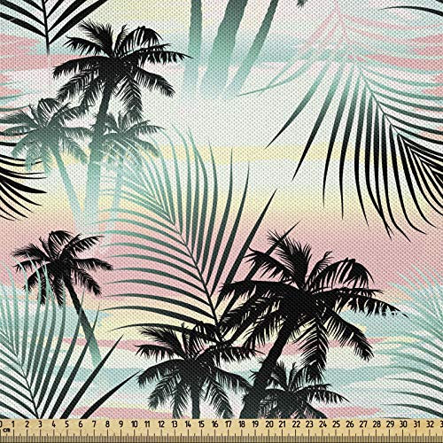 ABAKUHAUS Hawaii Stoff als Meterware, Sommer Palmen Farn, Seidiger Satin Stoff Zum benähen von Heimtextilien, 2M (148x200cm), Hellblau Rosa