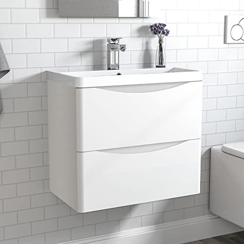 Acezanble 600mm Bathroom Vanity Unit with Basin Gloss White Cloakroom Sink Unit Wall Hung Two Drawers