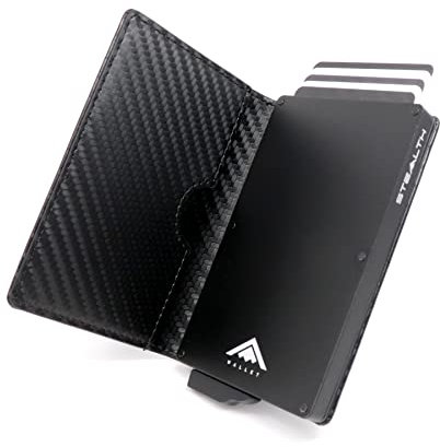 Stealth Wallet RFID Portacarte - Minimalista Alluminio Porta Carte Di Credito Uomo con Scatola Regalo - Metallo Leggero Portafoglio Portacarte Uomo (Alluminio Nero, Pelle Nera Carbonio)