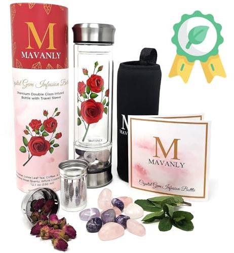 Mavanly Rosen Kristall Wasserflasche, Doppelwandiges Glas für heiße und kalte Getränke, Loseblatt-Tee-Ei, 3 Arten von Edelsteinen, weißer Kristall, Amethyst. Umweltfreundliche Geschenke für Frauen