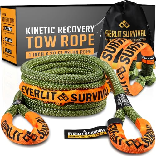 Everlit Survival Kinetic Recovery Rope 2,5 cm x 20 Ft mit 2 Pack Soft Schäkel Nylon Abschleppseil mit Bruchfestigkeit 15,4 kg, Offroad-Seil für Jeep, UTV, ATV, Auto, LKW, 30% mehr Dehnbarkeit als Gurt