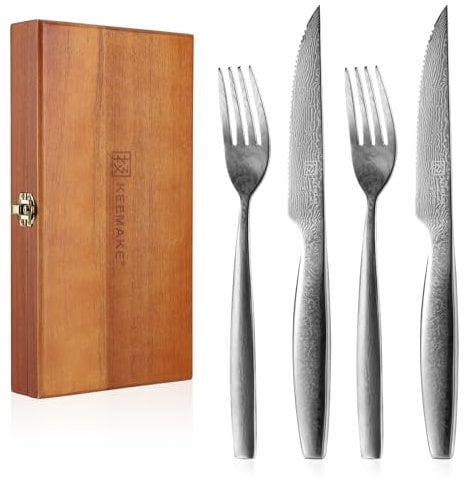 KEEMAKE Steakbesteck-Set 4-teilig, Damast-Steakmesser mit gezahnter Kante und Steakgabel, aus japanischem VG-10 Stahlkern und 67-lagigem Damaststahl, Besteck mit edler Holz-Geschenkbox, rostfrei