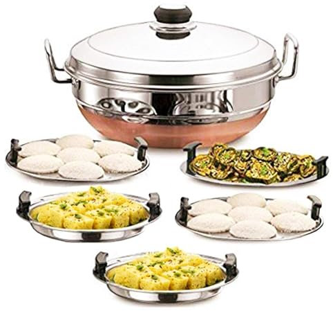 Kadai multiusos de acero inoxidable con 5 placas Idli Maker con fondo de cobre