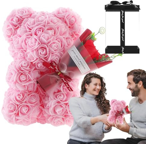 Rosenblumen Teddybär, Künstlicher Blumenbär, Valentinstag Rosenbärs Mit Transparenter Geschenkbox, Handgefertigtes Romantisches Rosenblumenbär Geschenk Zum Geburtstag, Valentinstag,Jahrestag