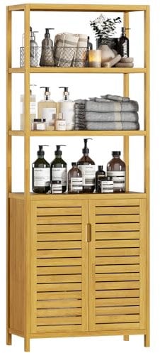 VIAGDO Armoire Haute en Bambou avec 3 Compartiments Ouverts et Armoire, Armoire d'appoint Haute,pour Salle de Bain, Couloir, Cuisine, Salon, 64 x 33 x 170 cm