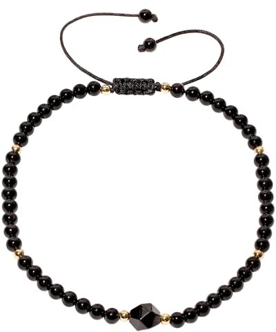 Wizock Bracelet de cheville simple en onyx noir avec perles de protection en obsidienne pour femme, bijou de plage, cadeau porte-bonheur, L, Pierre, Onyx