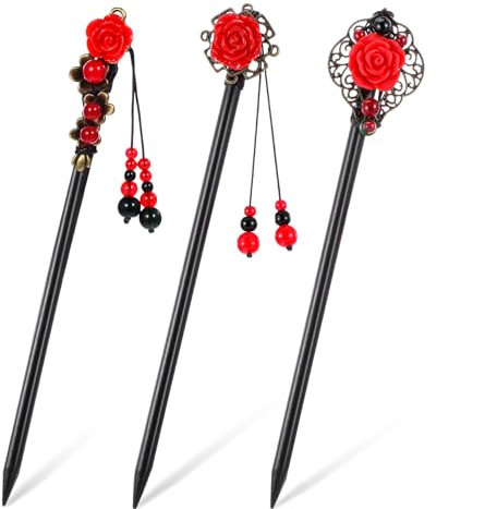 Wanmu 3 Pcs Wooden Hair Chopsticks Chinese Wood Hair Sticks Retro Wooden Hairpins Chinese Classic Floral Hairpins Vintage Tassel Handmade Flower Japanese Accessories for Women (Red)