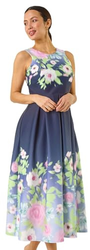 Roman Ombre Pleated Luxe Stretch Midi Dress for Women UK - Ladies Spring Everyday Summer Holiday Round Neckline Comfy Sleeveless Soft Fit & Flare Frock Dinner Date Gowns - Navy - Size 14