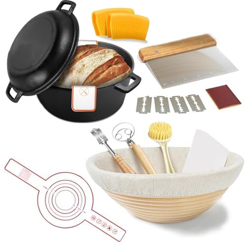 5QT Cast Iron Dutch Oven for Bread Baking, Proofing Basket Sourdough Starter Kit, Bread Making Pan Pot with Lid, Sour Dough Tools Set Includes Lame Supplies,for Family Cooking,Frying,Braising,BBQ