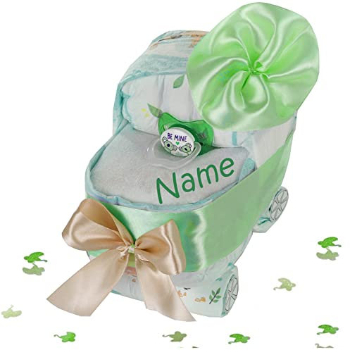 Personalisierte Windeltorte Kinderwagen | Windelwagen gefertigt aus 15 Baby-Dry Windeln Gr. 3, Lätzchen mit Namen, Schnuller, grün, 25x25x15 cm