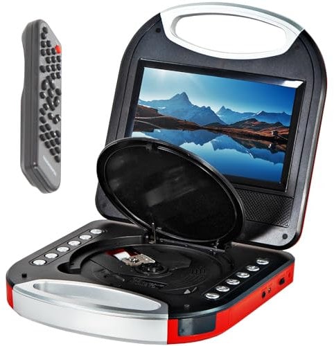 Magnavox MTFT750-RD Portable 7 inch TFT DVD/CD Player with Remote Control and Car Adapter in Red | Rechargeable Battery | Headphone Jack | Built-in Speakers |