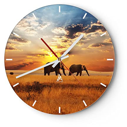Modern Wanduhr Elefanten Safari Dschungel Busch 30x30cm Rund Klein Wand Uhr Glas Analog Zimmeruhren Küche Büro Wohnzimmer Glasuhr Wall Clock Dekoration Design Wanddekoration Küchenuhr C3AR30x30-3150