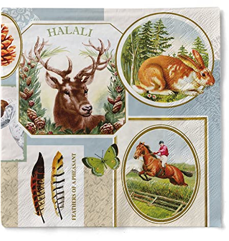 Sovie HOME Serviette FRITZ aus 3-lagigem Tissue, 33x33cm, 20 Stück, 1/4 Falz, Jagddesign Hirsch Kaninchen Reiter Pferd, Braun Grün Naturfarben, Ideal für Jagdgesellschaften
