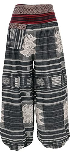 GURU SHOP Yogahose, Ikat Pluderhose mit Breitem Gewebtem Bund - Schwarz, Damen, Baumwolle