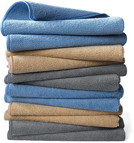 POLYTE Microfibre Cleaning Towel (40x40, 12 Pack Professional, Blue,Camel,Gray)