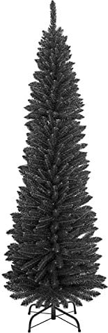 TrendMakers Artificial Christmas Tree Xmas Pine Tree Solid Metal Legs Stand Perfect for Indoor/Outdoor Holiday Decoration | 6FT Slim Pencil | Black - 650 Branch Tips