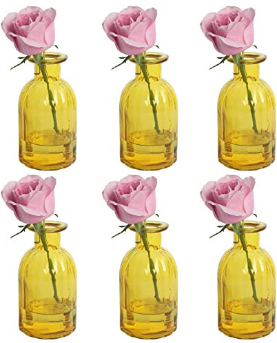 HANIHUA Lot de 6 petits vases à bourgeons en verre jaune pour fleurs, jolis vases pour centres de table, mini vases à bourgeons décoratifs en vrac, bouteilles rondes en verre vintage, 7,2 x 13,7 cm