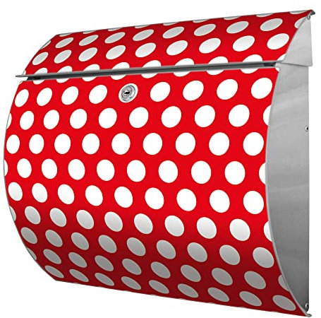 banjado® Burgwächter® Briefkasten Edelstahl mit Motiv Punkte Rot/Briefkasten ohne Zeitungsfach/Edelstahl Briefkasten mit Kippdach & Öffnungsstopp, 2 Schlüssel