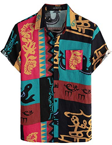 LucMatton Herren Leinen Traditionelle Muster Print Kurzarm Button Down Hawaiihemden, Gelb Blau, XXL