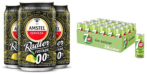 Amstel Radler 0,0 Cerveza Tostada Limon Sin Alcohol Pack lata 24 x 33cl & 7Up Free Refresco De Lima Limón sin azúcar - Pack de 24 x 330g