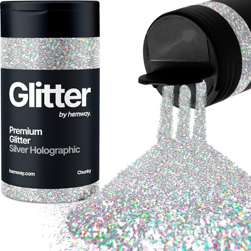 Hemway Premium Glitter Shaker - Silver Holographic | Chunky Metallic Flake Sequins for Resin & Epoxy Crafts | Craft Supplies for Tumblers, Festival, Hair, Face, Body, Eye & Nail Art | 130 g