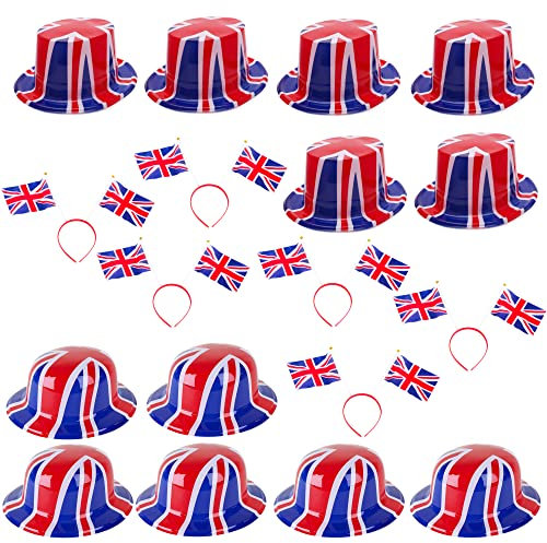 Toyland® 18-teiliges Union Jack Party Wear Bundle – 6 Bowler-Hüte, 6 Zylinder und 6 Stirnbänder – britisches Kostüm