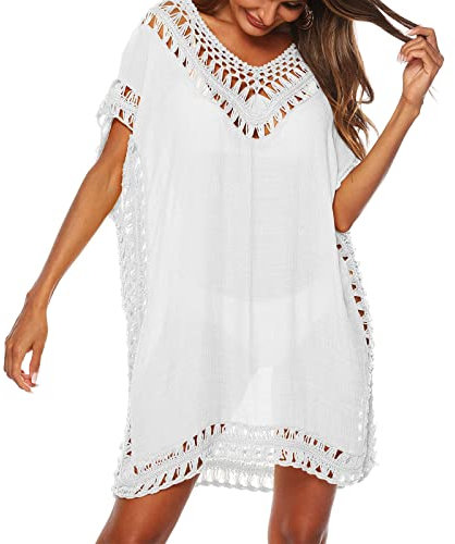 Baynetin Women's Swim Cover-ups Beachwear Hollow Out V-Neck Short Sleeve Crochet Dress Bikini Swimsuit Bathing Suit Cover Up (White)