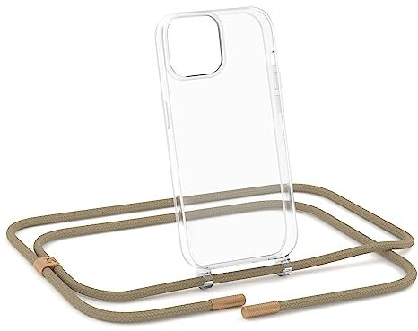 ZhinkArts - Handykette kompatibel mit iPhone 12/12 Pro - Handyhülle zum Umhängen - Band/Schnur abnehmbar - Necklace - Clear - Taupe - Beige