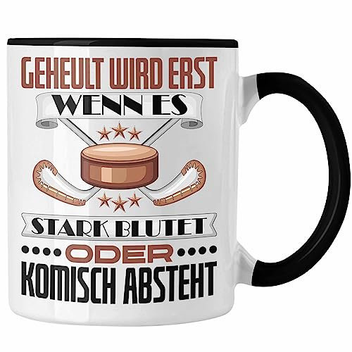 Trendation - Eishockey Tasse, Keramik, 325 Milliliter, Geschenk für Eishockey-Spieler, Geheult Wird Erst Wenn Es Komisch Absteht (Schwarz)