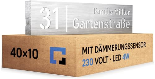 PRINTIMA Premium Gravur Personalisierter Hausnummer Anthrazit Beleuchtet Led Strom 230V, Hausnummernschild mit Dämmerungssensor, ist Langlebig, Wetterfest, Geringer Stromverbrauch 6W / A++