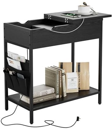 Nicehill Side Table with Charging Station, Narrow End Table with USB Ports, Outlets, Fabric Bags, Storage Shelf, Narrow Bedside Table for Small Rooms, Bedroom, Living Room, Classic Black