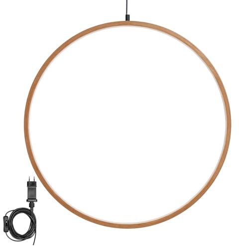 Novaliv LED Kreis Lampe 37cm Ø Naturholz Hängelampe Wohnzimmer LED Warmweiß Weihnachtskreis beleuchtet innen - Innendeko Fensterdeko für Weihnachtszeit Nachttischlampe Weihnachtsbeleuchtung